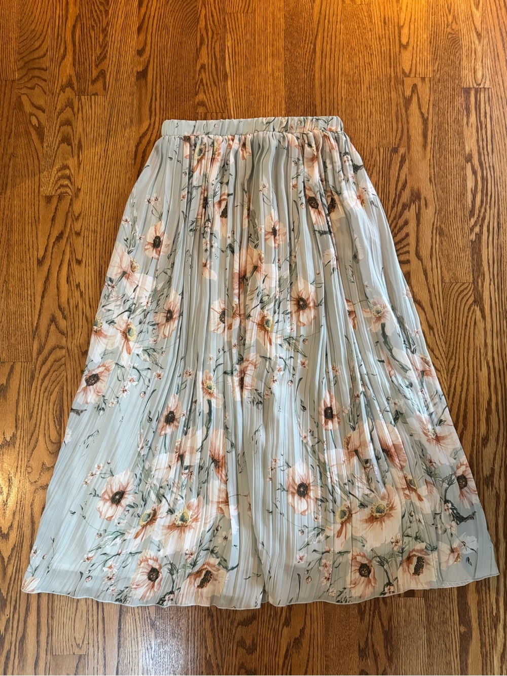 H&M Pleated Floral Midi Skirt in Light Green and Peach